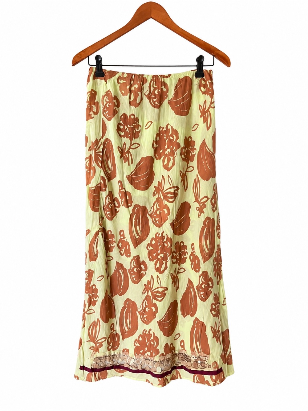 Vintage Velvet by G&S Floral Column Maxi Skirt Sequin Hem Tan S